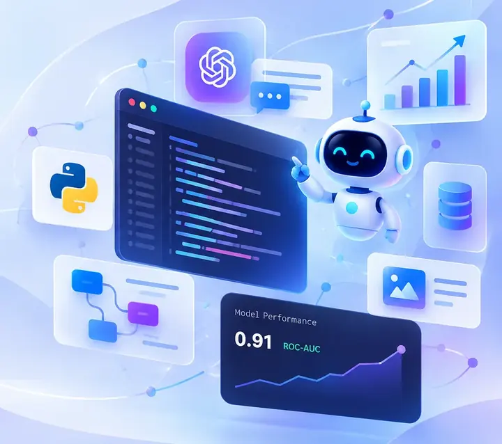 Code editor, AI assistant robot, Python, LLM chat and model performance dashboard illustration